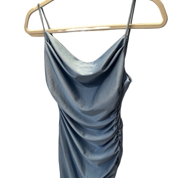 B. Darlin Mini Dress Shimmer Blue Cowl Neck Ruched - Picture 5 of 7